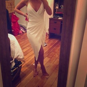 Sexy white midi dress faux wrap with a slit